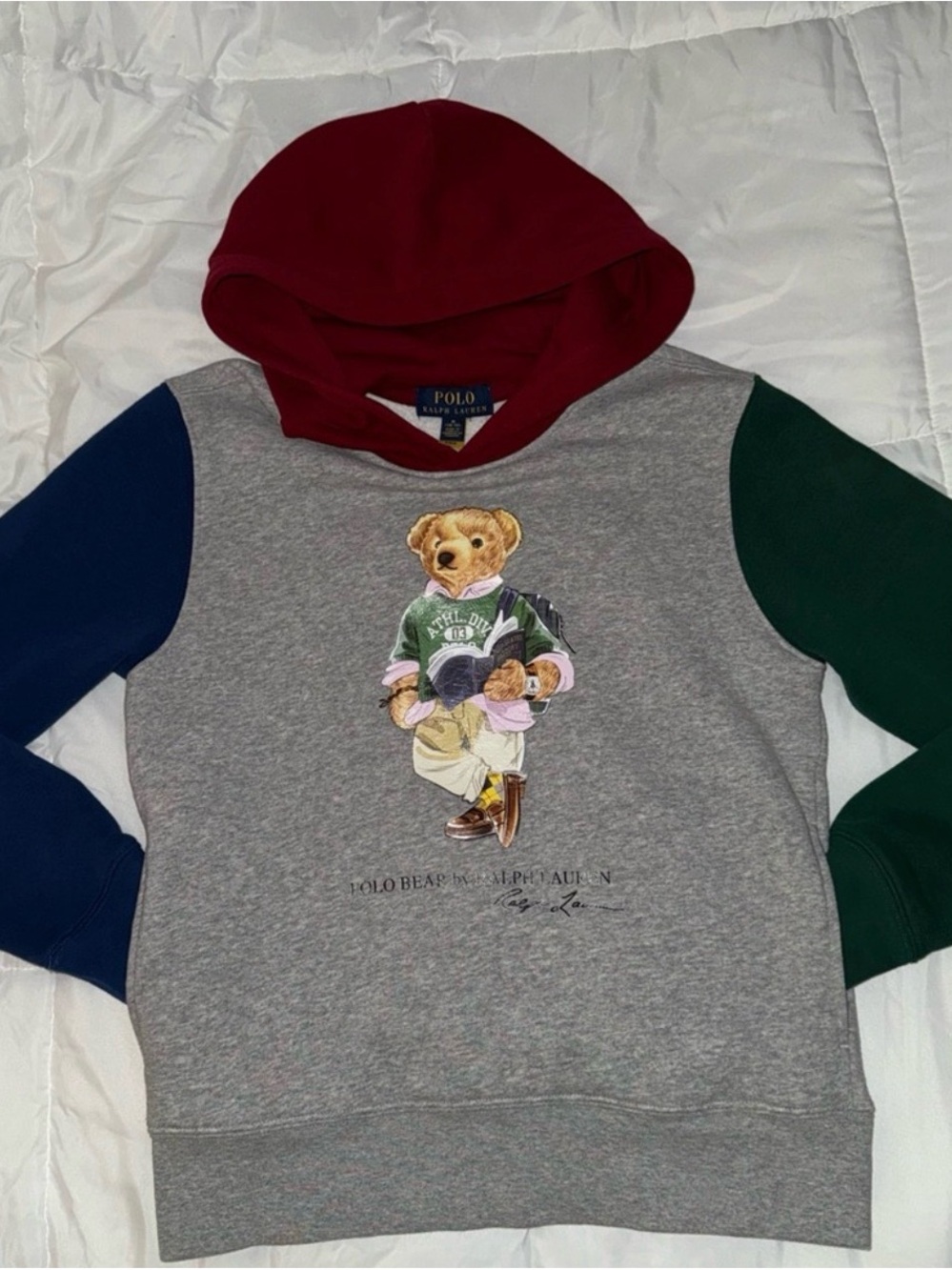 Polo by Ralph Lauren Gray Bear Hoodie w/Front Pocket Green & Navy Sleeve. S10/12
